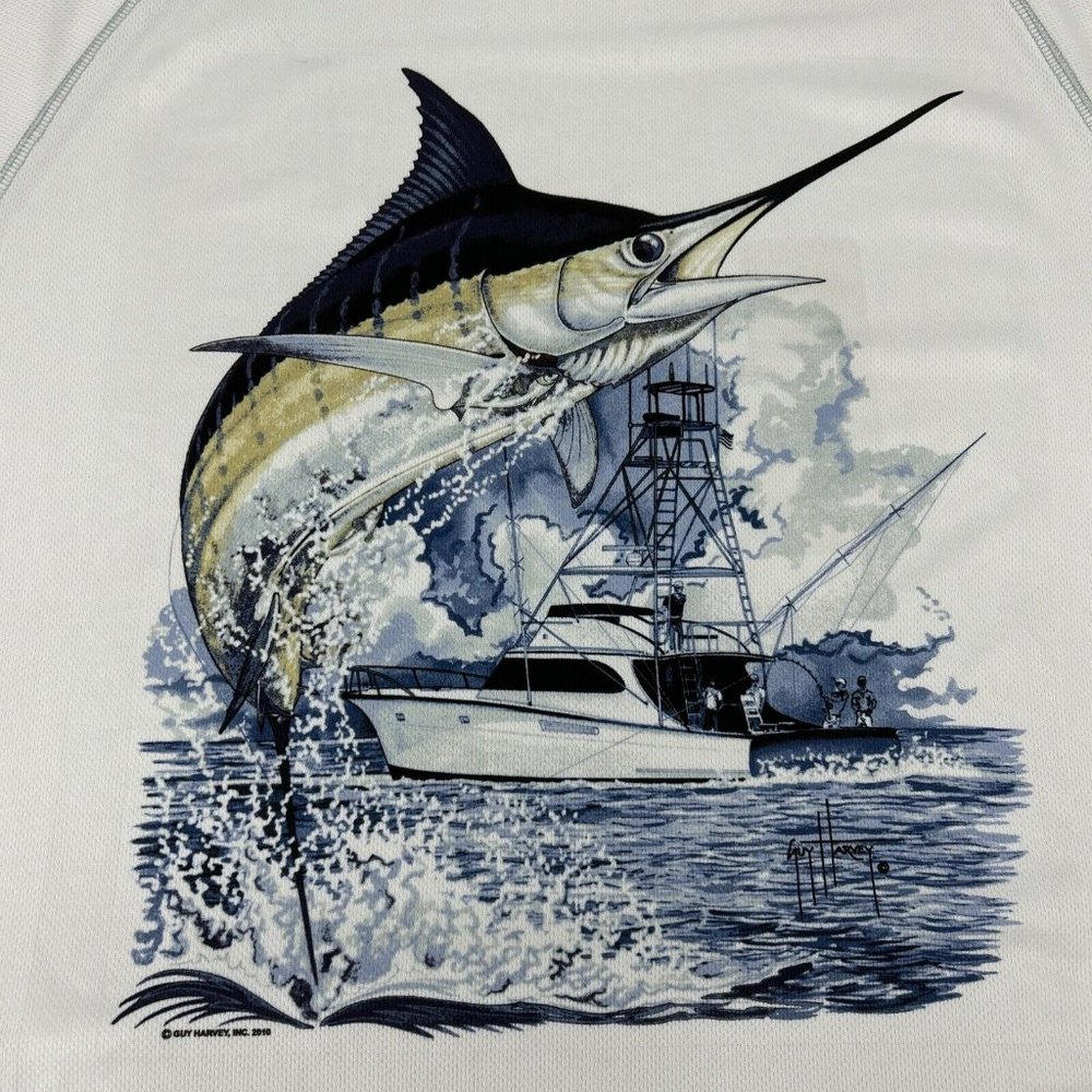 Men's Guy Harvey‎ x Champion Shirt Double Dry Long Sleeve White XXL Marlin
